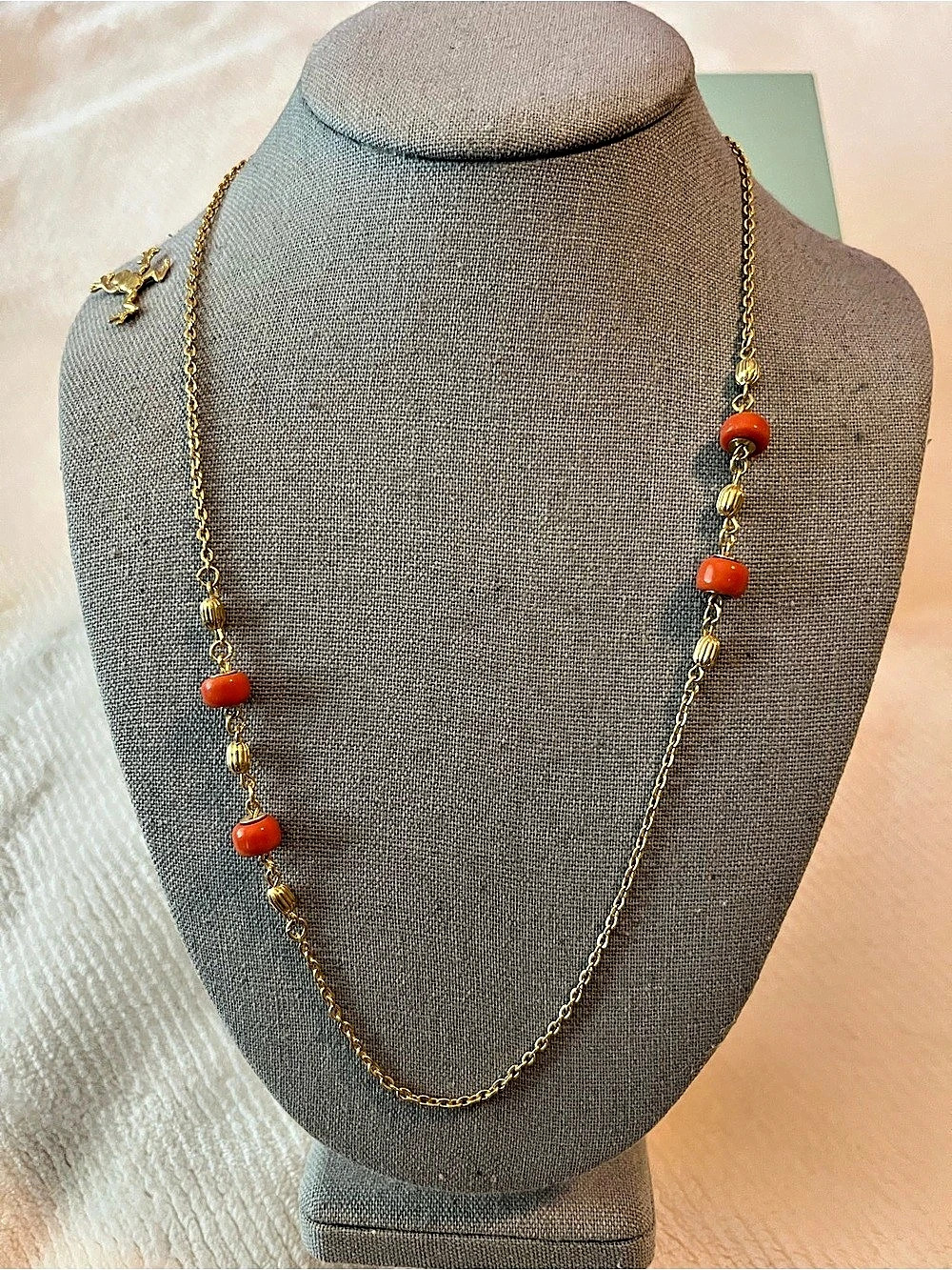 Beaded Necklace in Gold & Coral Orange Like New